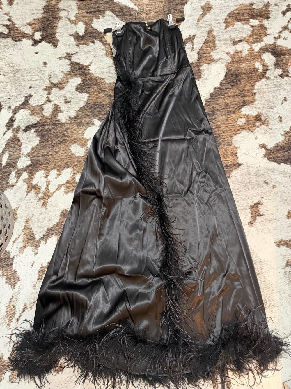 Fashion Nova Into the Night Black Feather-Trim Satin Strapless Gown